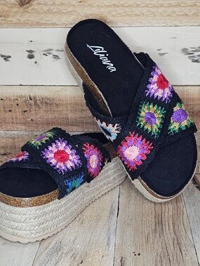 Liliana Black Crochet Platform Slide Sandals with Multicolor Embroidery